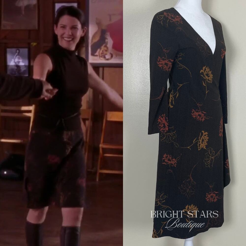 Rare Wrap Dress Alt ASO Lorelai Gilmore Girls Vintage Long Sleeve Brown Floral - Picture 4 of 11